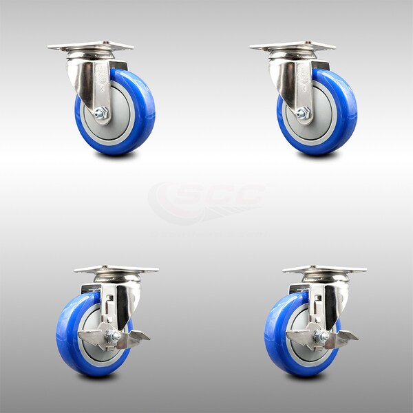 Service Caster 4 Inch 316SS Blue Polyurethane Wheel Swivel Top Plate Caster Brakes SCC, 2PK SCC-SS31620S414-PPUB-BLUE-2-TLB-2 - main